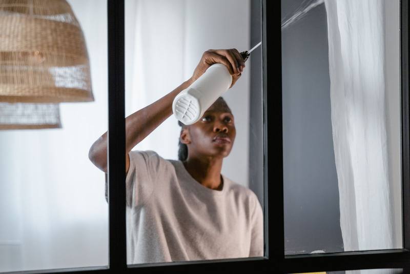 Spraying glass cleaner onto a glass panel while cleaning, seen through the glass