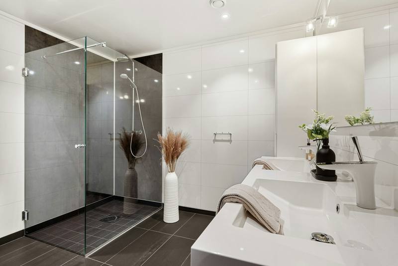 Bright modern bathroom with a frameless glass shower enclosure and dark slate feature wall